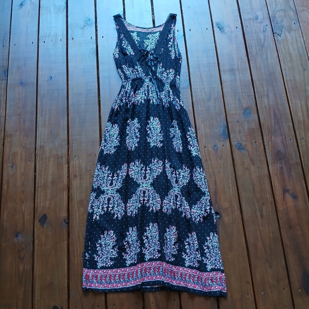 S/M/L black red floral ribbon corset crochet trim boho maxi dress NWOT